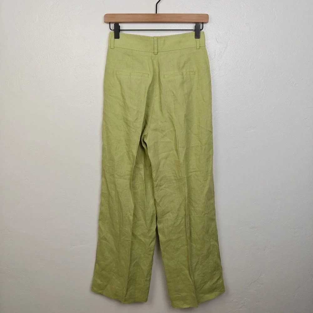 Everlane Way-High Slouch Pants Womens 00 Green Linen Wide Leg High Rise Trousers